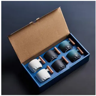 LuxusKollektion Espressotasse Espressotassen Keramik Holzgriff 85ml 6er Set SW/BL/WE, Keramik blau|bunt|schwarz 4.7 cm x 4.7 cm