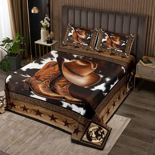 feelingyou Western Cowboy Bettdecke S Größe, Western Holz Plank rustikale Coverlet Set, Jungen Erwachsene Schlafzimmer Dekor, Braun Retro Kuhfell Bauernhaus Coverlet Set, Kissenbezug