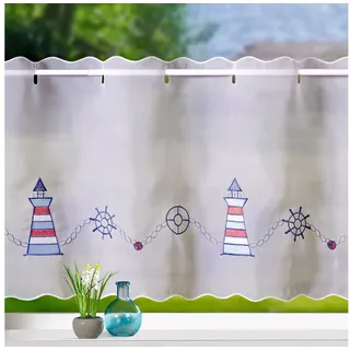 heimtexland Scheibengardine Badezimmer Deko Gardine maritim bestickt 45x112 cm (1 St), Ösen, transparent, Voile, Bistrogardine I farbige Stickerei I Fensterdeko Leuchtturm weiß