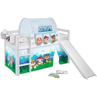 Lilokids Hochbett JELLE in weiß mit Rutsche und blauem PAW PATROL Vorhang - Kinderbett & Spielbett von LILOKIDS inkl. Rutsche und 2tlg. Vorhang 200 cm