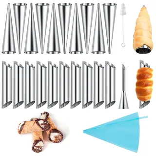 AiQInu 23 Stück Cannoli Schillerlockenform,Edelstahl Cannoli Röhrchen Set Gerade Röhrchen Hörnchen Schaumrollenformen Sahnerollen für Cannoli-Röhren, Croissant, Backformen