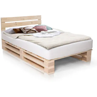 moebel-eins PALETTI Palettenbett inklusive Kopfteil Massivholzbett Holzbett Bett aus Paletten mit 11 Leisten, Palettenmöbel, 120 x 200 cm, Fichte Natur