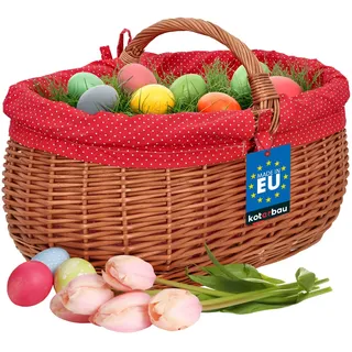 KOTARBAU® Weidenkorb mit Henkel - 47 x 31 x 32 cm - Korb mit Henkel - Einkaufskorb - mit Stoffeinlage in Rot - Pilzkorb - Erntekorb - Natürlich - Lebensmittelecht - Weide - Braun