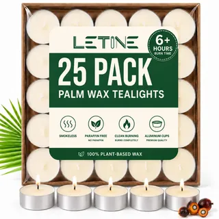 LETINE Natürlich Teelichter 25 Stück, 6 Stunden, 100% Palmwachs, Weiß | Paraffinfrei, Duftfreie Kleine Kerzen, Rauchfrei & Langanhaltend für Weihnachten, Hochzeiten, Wohndekoration und Meditation