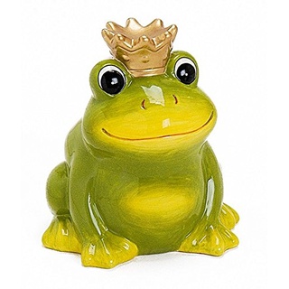 Spardose Frosch Froschkönig aus Keramik 12 cm groß grün mit Krone Gold, Gelddose Sparbüchse abschließbar mit Schlüssel, Geschenk zur Geburt Taufe Geburtstag