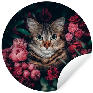 MuchoWow Wandsticker Katze - Blumen - Tiere - Botanisch (1 St), Wandtattoo Selbstklebend, Wohnzimmer Deko Aufkleber, 30x30 cm bunt 30 cm x 30 cm x 0.1 cm
