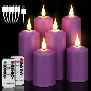 yunsheng Wiederaufladbare LED Kerzen mit 10-Tasten Fernbedienung, Outdoor Wasserdichte Flammenlose Kerzen mit 6/8H Timer, Römische Stumpenkerze im 6er Set (5.1x10.5/14/16.5cm), Lila, Type-C