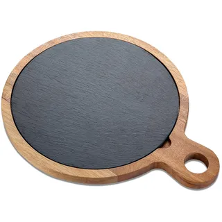 LiWiBet Servierbrett aus Akazienholz mit Schieferplatte, Schneidbrett Holz mit Griffe 31 x 25 cm, Holzbrett Servierplatte Rund für Steak, Käse, Sushi, Perfekt als Steakbrett