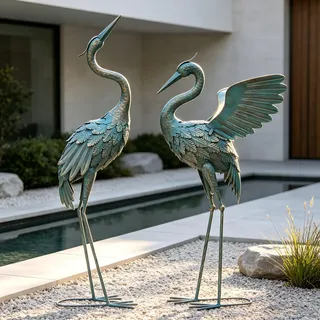Oritty Kranich-Gartenstatue aus Metall, Vogel-Gartenfigur und Statue, Außendekoration für Hof, Terrasse, Rasen, Garten oder Pool, Vintage-Kranich mit ausgebreiteten Flügeln, 84–94 cm, 2er-Set