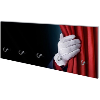 Wallario Wandgarderobe Vorhang auf für die Show Hand hinterm roten Vorhang (1-teilig, inkl. Haken und Befestigungsset), 80x30cm, aus ESG-Sicherheitsglas rot