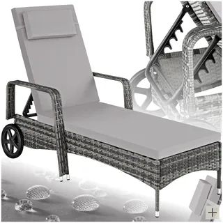 tectake Poly Rattan Gartenliege mit Rollen, 6-Fach höhenverstellbarer Liegestuhl, bis 120kg belastbar, Sonnenliege Rattan (wetterfest), Liege inkl. Polster und Kissen - grau/hellgrau