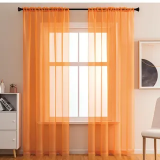 2er Set Transparent Vorhang Gardinen Wohnzimmer,Halbtransparent Vorhänge für Wohnzimmer, Moderne Gardine Voile Vorhangschals Ösenvorhang Dekoschal für Fenster Schlafzimmer Balkontür140x180cm Orange