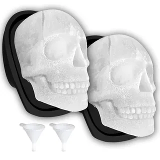 Große 3D-Totenkopf-Eisform aus Silikon, Totenkopf-Eiswürfelformen mit Trichtern für große Mundbecher, langlebig, schwarzer Totenkopf-Eisbereiter Whiskey, Bourbon, Cocktails, Bier, Partys (2 Stück)