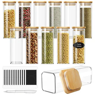 FINEW Gewürzgläser Set Eckig-12 x 500ml, Hochwertig Gewürzdosen Luftdicht | Glasbehälter mit Bambusdeckel Stapelbare, Vorratsdosen Glas Set zur Gewürze Aufbewahrung, Kleine Gläser mit Deckel Etiketten