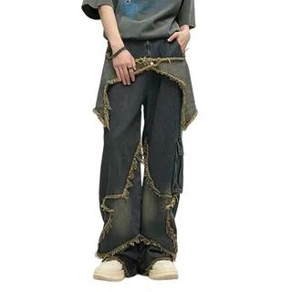 CzooM Damen Vintage Baggy Jeans mit Patchwork High Waist Fringe Hem Denim Jeanshose Y2K Streetwear Blau (Color : Blue, Size : S)