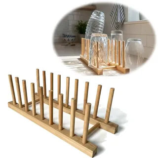 LS-LebenStil Holz Abtropfgestell 34cm - Bambus 8 Fächer - Kompatibel mit Soda Stream Glasflaschen Crystal - Abtropfständer Geschirrhalter Teller-Ständer Abtropfgitter Geschirr Rack Ständer