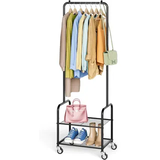 MISSLO Kleine Kleiderstange mit Ablagen, Metall Rollkleiderständer Schmale Kleiderstange auf Rollen Stabile Hängeleisten für Kleidung, Mäntel, Schuhe, Taschen, Kleiderständer (Schwarz)