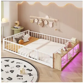 BlingBin Kinderbett Flachbett Metallbett mit Rausfallschutz (1er Set, 1-tlg., 140 x 200 cm), Metallbettgestell Eisenbett mit Schließfächern, LED-Streifenleuchten weiß 145 cm x 204 cm x 35.5 cm