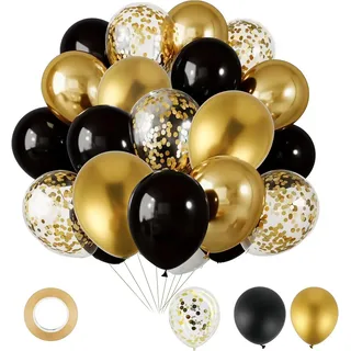 Luftballons Schwarz & Gold, 12 Zoll – Latexballons Schwarz, Gold Metallic & Konfetti, inkl. Band, Partydeko für Geburtstag, Hochzeit, Baby Shower