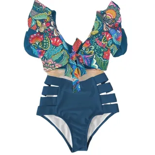 LNNXSZ Damen Bikini Sets Hohe Taille Rüschen Sexy Bikini Set Volant Bademode Frauen Zwei Stücke Badeanzug Floral Beachwear V-Ausschnitt Badeanzug(NA19508BE1,L)