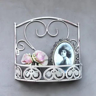 Vintage Metall Wandregal shabby Creme Weiß Landhaus Bad Regal Wandkorb Küche