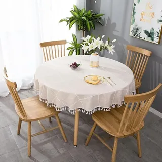 Ersandy - Runde Tischdecke, runde Tischdecke, 140 cm, waschbare Anti-Flecken-Tischdecke, runde Leinen-Tischdecke mit Fransen, Party-Abend-Dekoration
