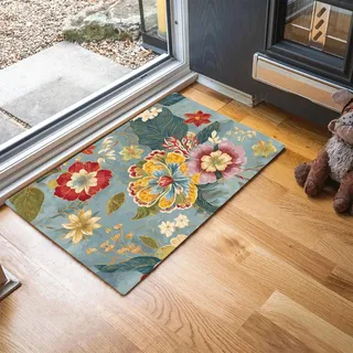 MLSOWM Fußmatte Landhausstil, Wetterfeste Schmutzfangmatte Üppige Blumen mit Rutschfester Rückseite für Innen & Außenbereich Türmatte für Eingang Haustür Flur, 60 x 90 cm, Grau