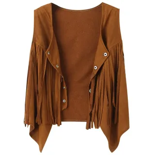 Hrlace Damen Fransen Weste Kurze Ärmellos Fransenjacken Vintage Faux Wildleder Cardigan 70er Fransenweste Mode Hippie Kleidung für Halloween Weihnachten Cosplay Karneval Party Khaki M