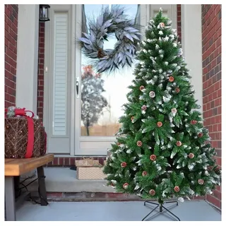 LALAHO Künstlicher Weihnachtsbaum Künstlicher Tannenbaum mit Kiefernzapfen und Schnee, 180cm mit 900 Spitzen PVC für Weihnachten-Dekoration grün 180 cm