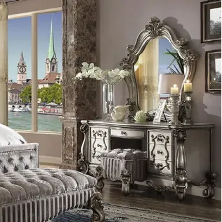 JVmoebel Schminktisch Luxus Klassischer Schminktisch Spiegel Konsole Kommode Schlafzimmer, Made in Europa silberfarben