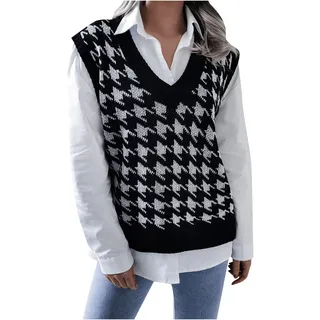 G-real Damen Pullover Sweatshirts Pullunder Strickwesten Strickpullover Weste Hahnentritt Karierte Strickweste Ärmellose V AusschnittLose Tank Tops - L