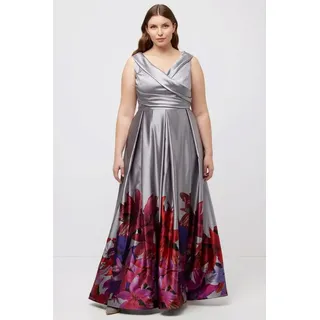 Ulla Popken Abendkleid Abendkleid Bordüre A-Linie V-Ausschnitt ärmellos blau|grau 42