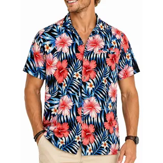 King Kameha Funky Hawaii Hemd Männer - Komfortables Hawaiihemd Herren Kurzarm mit Front-Tasche & Blumen-Print - S
