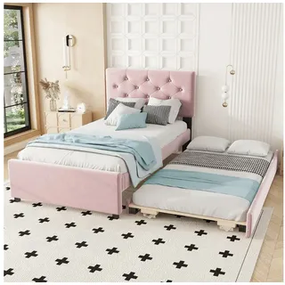 REDOM Polsterbett Gästebett,Funktionsbett,mit Rollcontainer (Polsterbett, mit Rollcontainer und Lattenrost, Samtbezug, Minimalistisches Design für Kinder- und Jugendzimmer, 90x200cm), ohne Matratze rosa