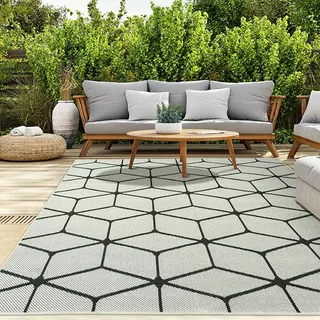 VIMODA Teppich Rauten Muster In- und Outdoor Tauglich Robuster Flachgewebe 100% Polypropylen Weiß, Maße:80x150 cm