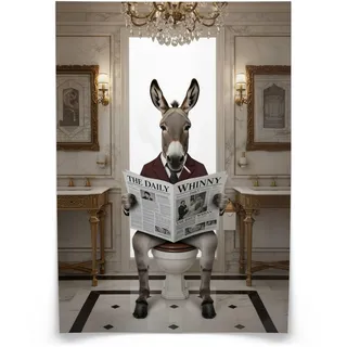 Muralo Poster Esel mit Zeitung, ohne Rahmen, UV-beständig - 30x40 cm | Bilder, glatte und seidige Oberfläche, fotografische Druckqualität - ideal für Badezimmer und WC