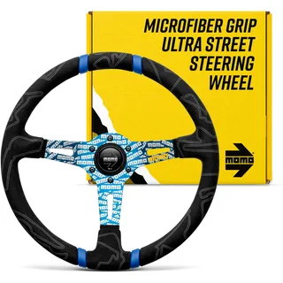 MOMO Motorsport Ultra Street Lenkrad, schwarzer Premium-Mikrofaser-Griff, blau eloxiert mit Logo, blaue Doppelstreifen in der Mitte, 350 mm – ULT35BK0BU