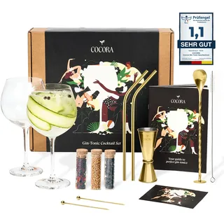 Cocora Gin-Tonic Geschenkset | 11-teiliges Cocktail Set | Gin Zubehör | Gin Tonic Cocktailgläser | Gewürze (Gold)