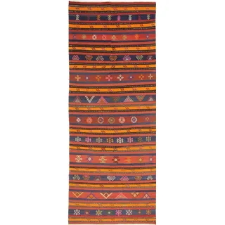 Nain Trading Orientteppich Perser Kelim Fars Azerbaijan Antik 406x152 Handgewebt Orientteppich, Läufer, Höhe: 0.4 mm blau|rot
