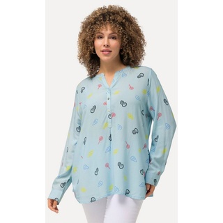 Ulla Popken Longbluse Bluse Comic-Druck Stehkragen V-Ausschnitt Langarm blau 54/56