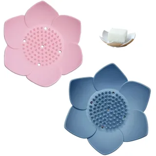 2 Stück Dusch-Dampfgarer, flexible rutschfeste Silikon-Seifenschale, Lotusblumen, Seifenschale mit Ablauf für Küche, Badezimmer, Dusche, Badewanne, Theke (Rosa/Blau)