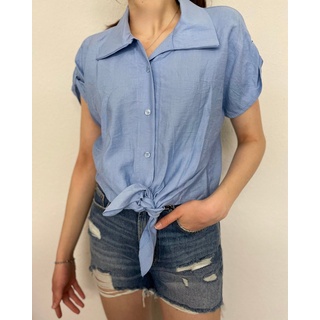 ITALY VIBES Kurzarmbluse - ZOE - Bluse - geknotet - cropped - ONE SIZE passt hier Gr. XS - L blau