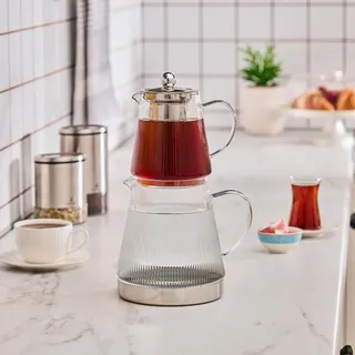 Karaca Keops Borosilikatglas Teekannen-Set mit Edelstahl-Teesieb, 2 L Kessel & 0,8 L Glas Teekanne mit Sieb, Turkish Tea Pot, Caydanlik, Türkischer Teebereiter für Kräutertee, losen Tee