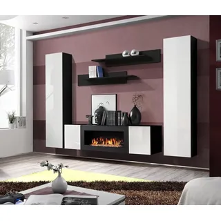 Xlmoebel Wohnwand Elegantes Sideboard mit stilvollen Regalwänden in edlem Design, (5-St., 1x Sideboard Mit Kamin+2x Wandschrank+2x Wandregal), Hergestellt in Europa schwarz
