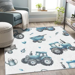 AUWUUA Blauer Traktor-Teppich für Kinderzimmer, 60 x 120 cm, Cartoon-Baustellen-Teppich, waschbar kurzflor rutschfest Teppiche für Kinderzimmer, Jungen und Mädchen