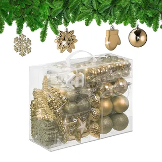 Relaxdays Weihnachtskugeln 100er Set, glitzernd, matt & glänzend, Baumschmuck, Kunststoff, versch. Designs, Champagner