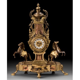 Casa Padrino Luxus Barock Tischuhr Gold / Bronze / Beige 43 x H. 54 cm - Handgefertigte Bronze Uhr im Barockstil - Barock Schreibtischuhr - Barock Schreibtisch Deko - Barock Deko Accessoires