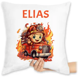 Kissen 40x40 Zierkissen - Feuerwehr - Geschenk Feuerwehrmann mit Name personalisiert I Löschfahrzeug Motiv - 40 x 40 cm - Weiß - personalisierte Geschenke Kinder kuschelkissen Feuerwehrauto Auto