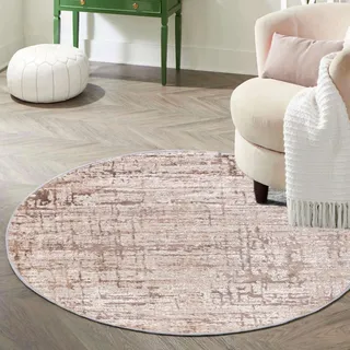 Mazovia Teppich Rund 240 cm - Kurzflor - Weich Teppich für Wohnzimmer Esszimmer - Abstraktes Vintage Beige Braun 240 x 240 cm