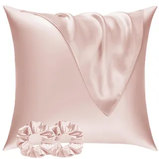 Vielit Satin Kissenbezug 80x80 2er Set & 2 Haargummis, Satin Kopfkissenbezug 80x80 Rosa, Weich wie Seidenkissenbezug 80x80,Bessere Pflege als Silk Pillosecase,Kissenbezug für Haar und Haut